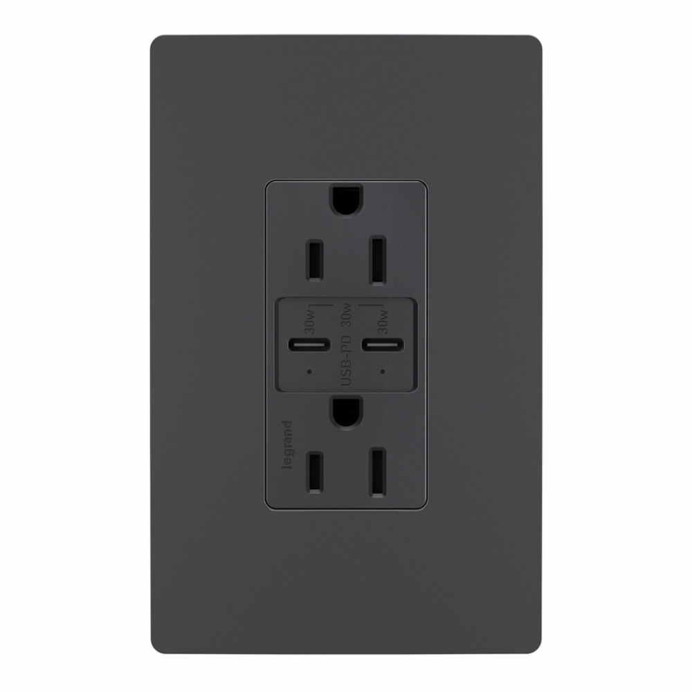 radiant? 15A Tamper Resistant Ultra Fast PLUS Power Delivery USB Type C/C Outlet, Graphite