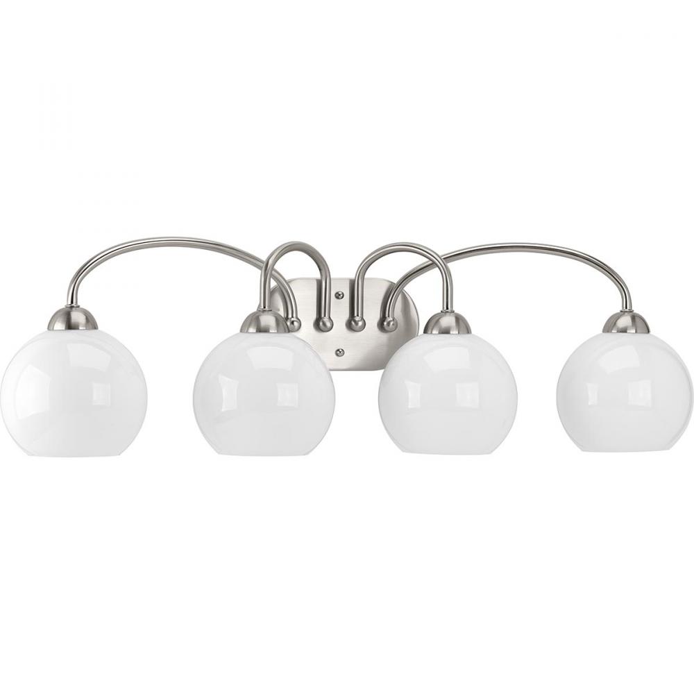 Carisa Collection Four-Light Brushed Nickel Opal Glass Mid-Century Modern Bath Vanity Light
