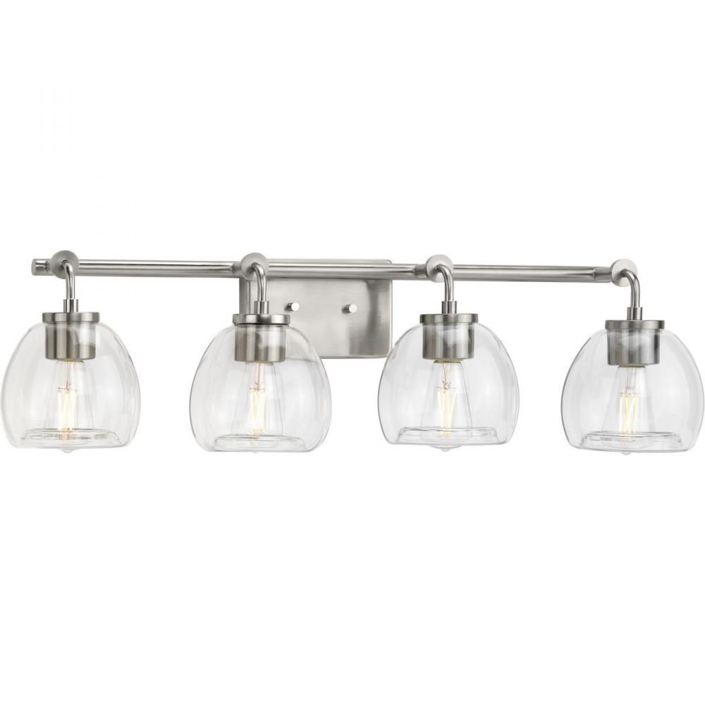 Caisson Collection Four-Light Brushed Nickel Clear Glass Urban Industrial Bath Vanity Light