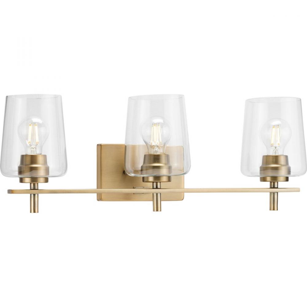 Calais Collection Three-Light Vintage Brass Clear Glass New Traditional Bath Vanity Light