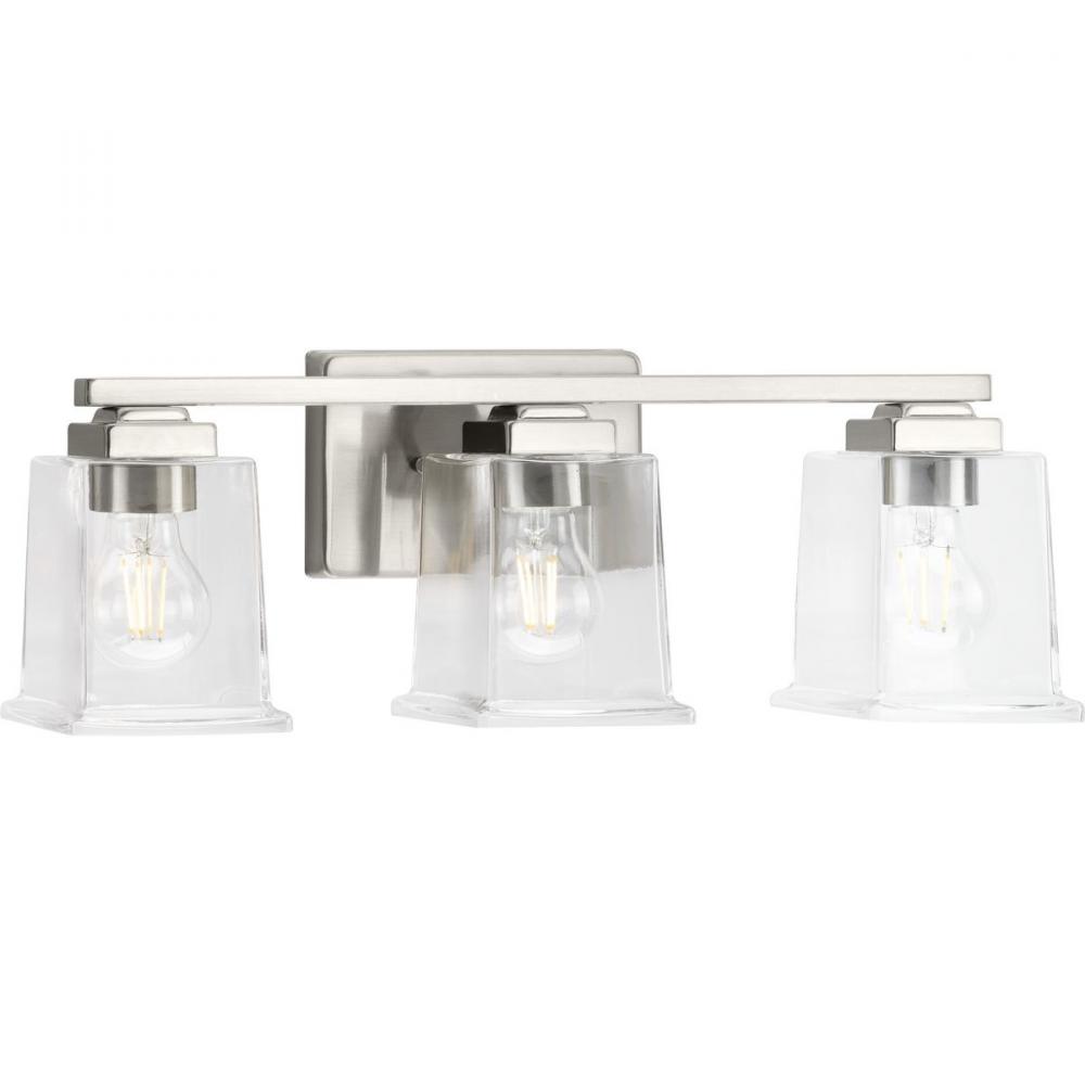 Gilmour Collection Three-Light Modern Farmhouse Brushed Nickel Clear Glass Bath Vanity Light