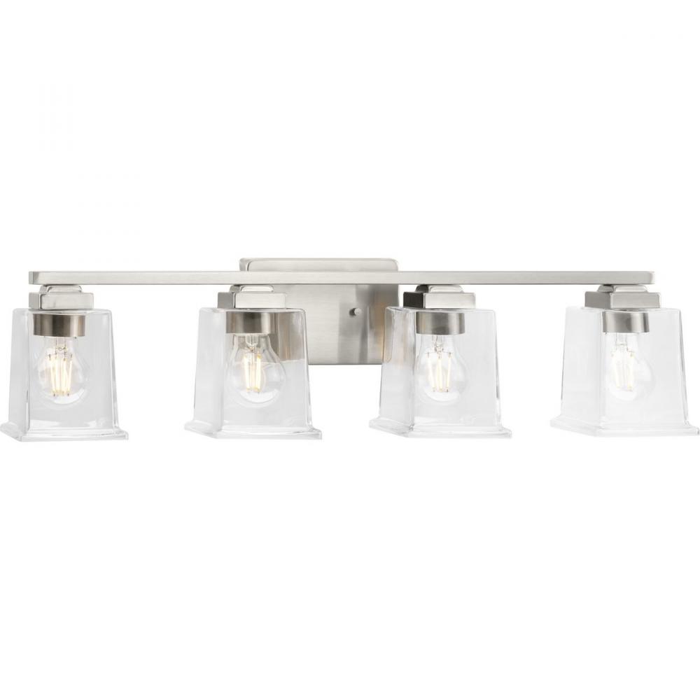 Gilmour Collection Four-Light Modern Farmhouse Brushed Nickel Clear Glass Bath Vanity Light