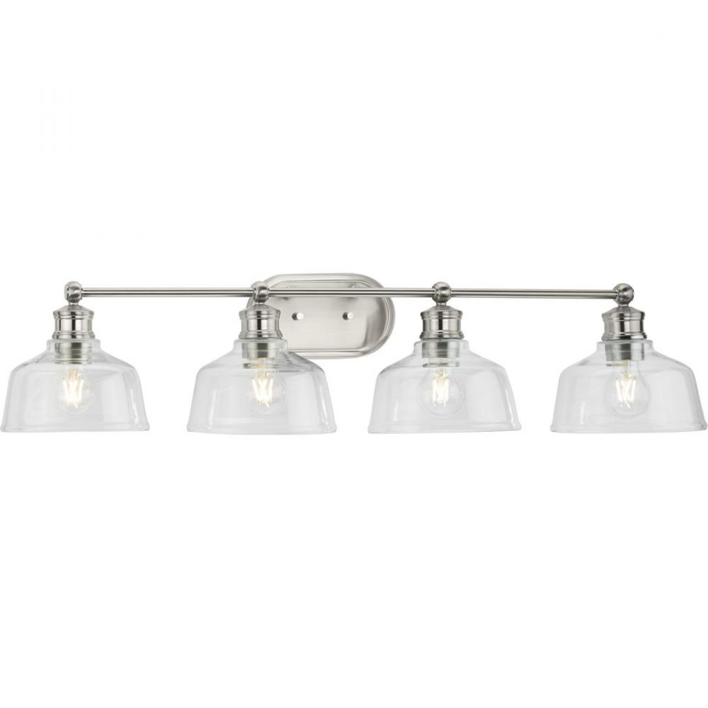 Singleton Collection Four-Light 36" Brushed Nickel Farmhouse Vanity Light with Clear Glass Shade