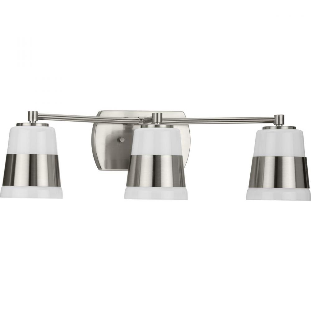 Haven Collection Three-Light Brushed Nickel Opal Glass Luxe Industrial Bath Light