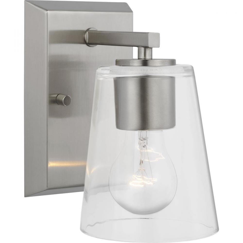 Vertex Collection One-Light Brushed Nickel Clear Glass Contemporary Bath Light