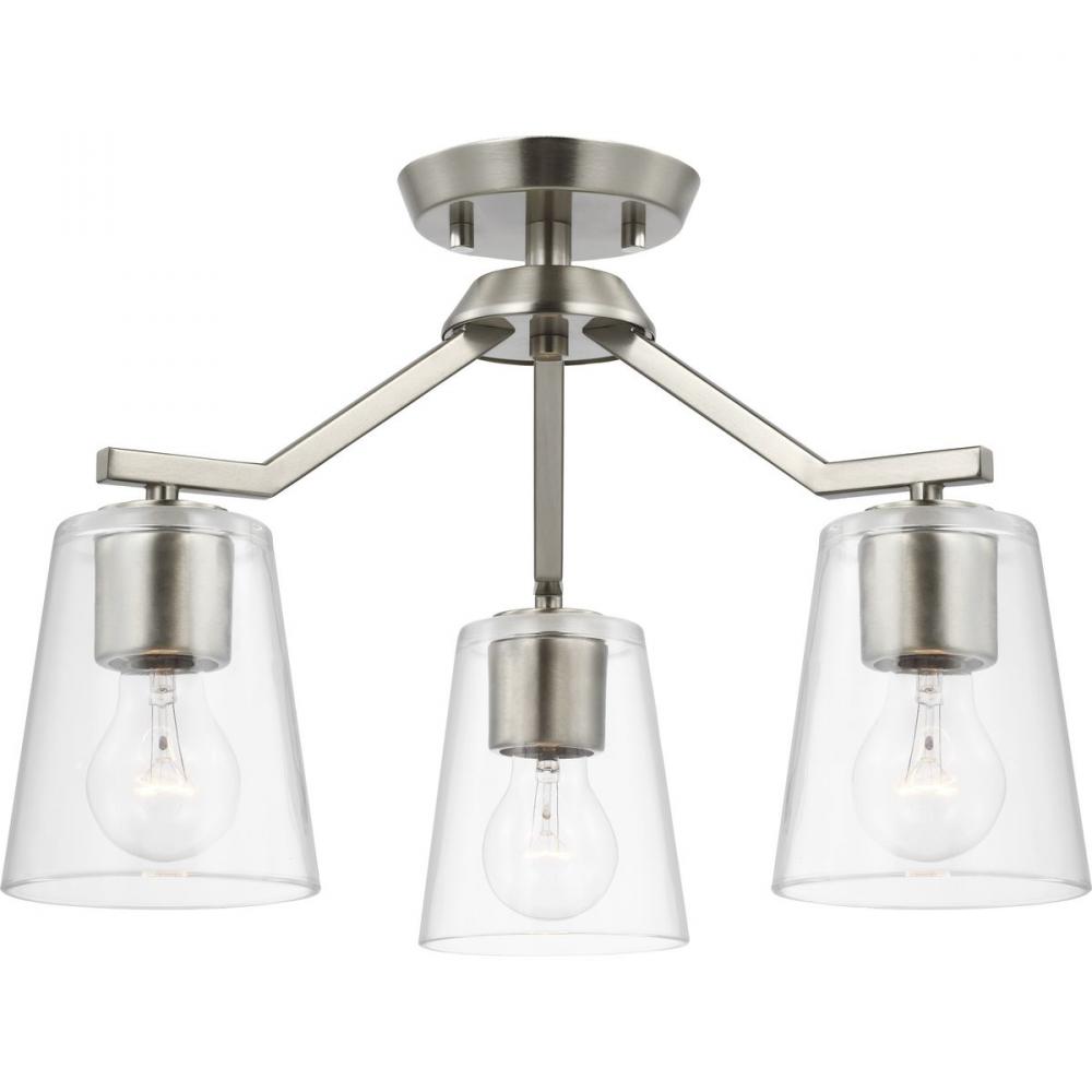 Vertex Collection Three-Light Brushed Nickel Clear Glass Contemporary Convertible Chandelier