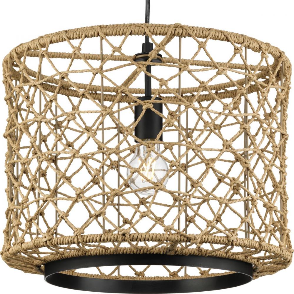 Chandra Collection One-Light Matte Black Global Pendant with Woven Shade