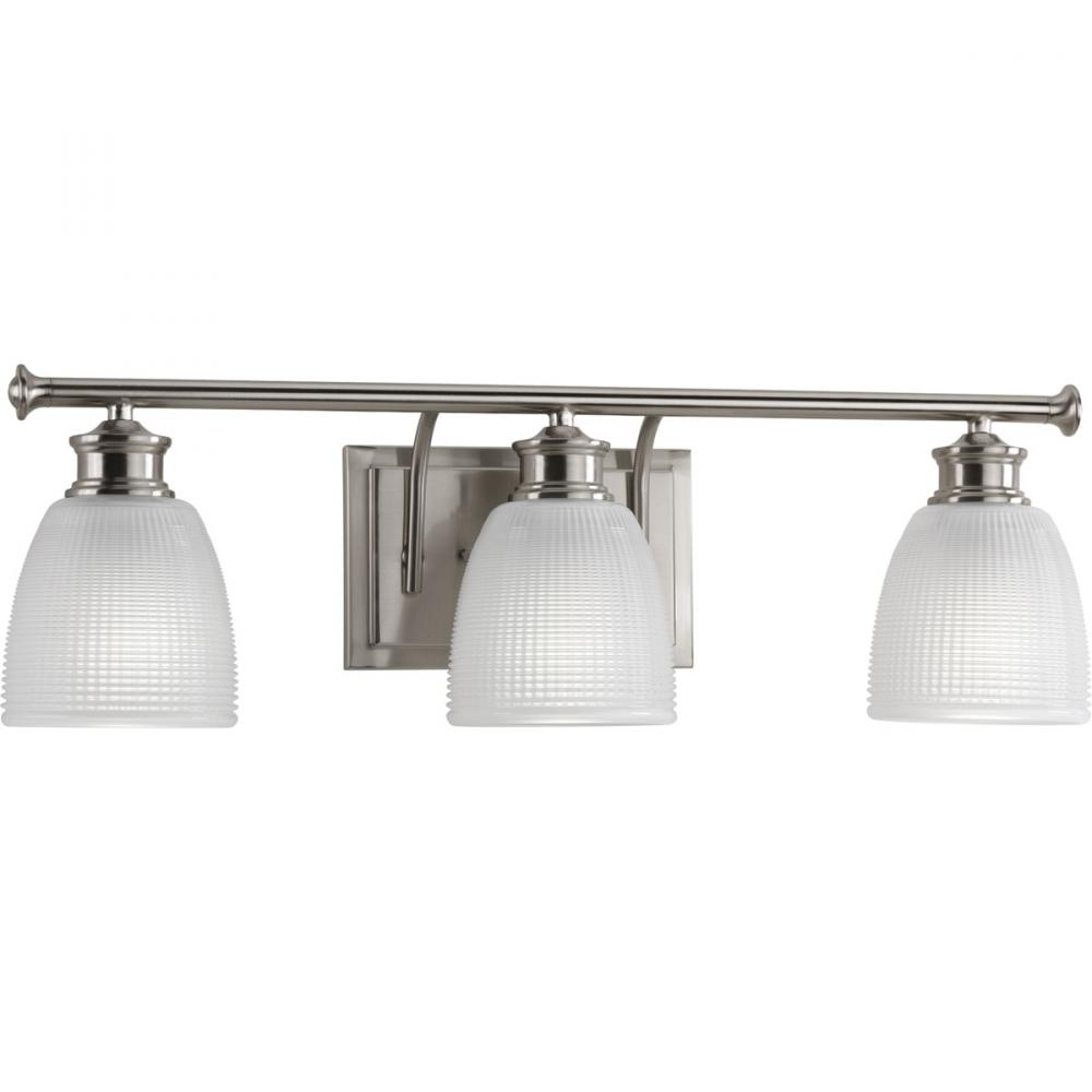 Lucky Collection Three-Light Brushed Nickel Frosted Prismatic Glass Coastal Bath Vanity Light