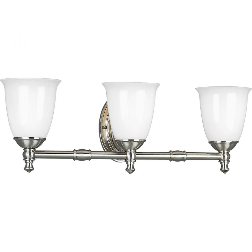 Victorian Collection Three-Light Brushed Nickel White Opal Glass Farmhouse Bath Vanity Light