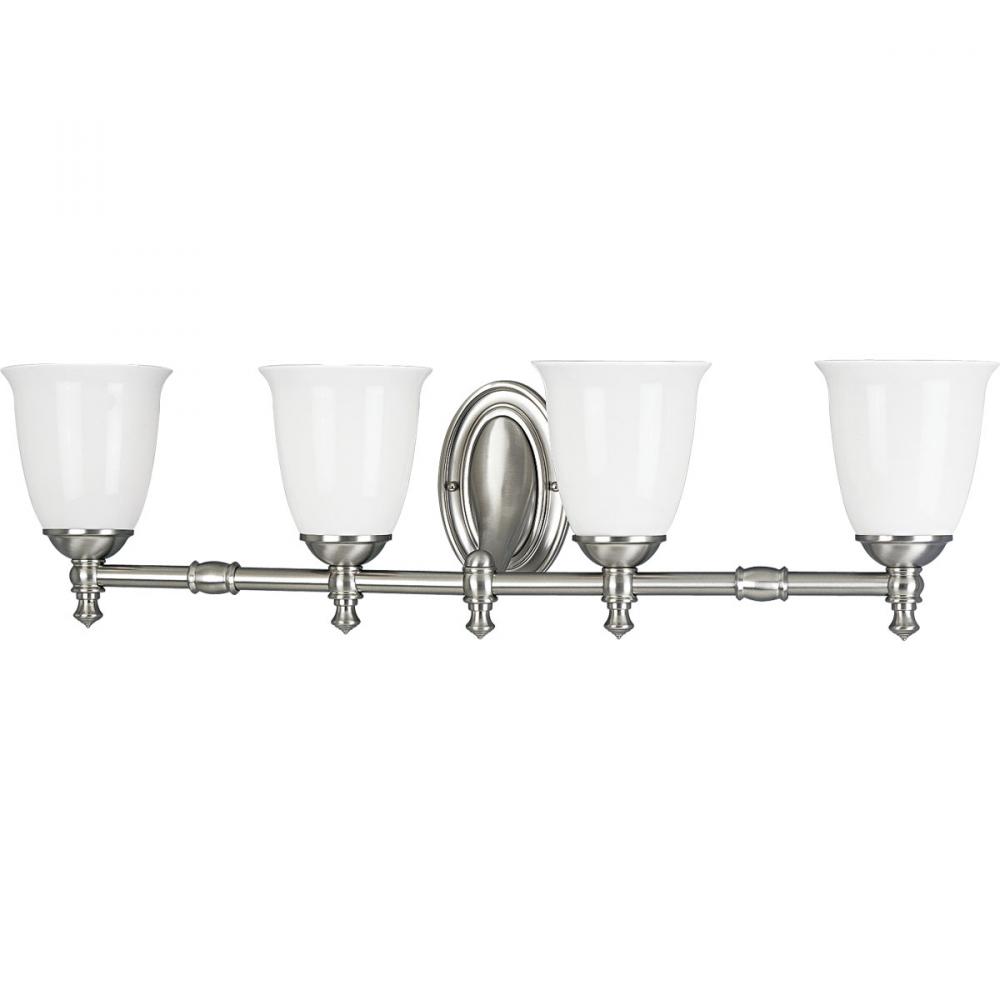 Victorian Collection Four-Light Brushed Nickel White Opal Glass Farmhouse Bath Vanity Light