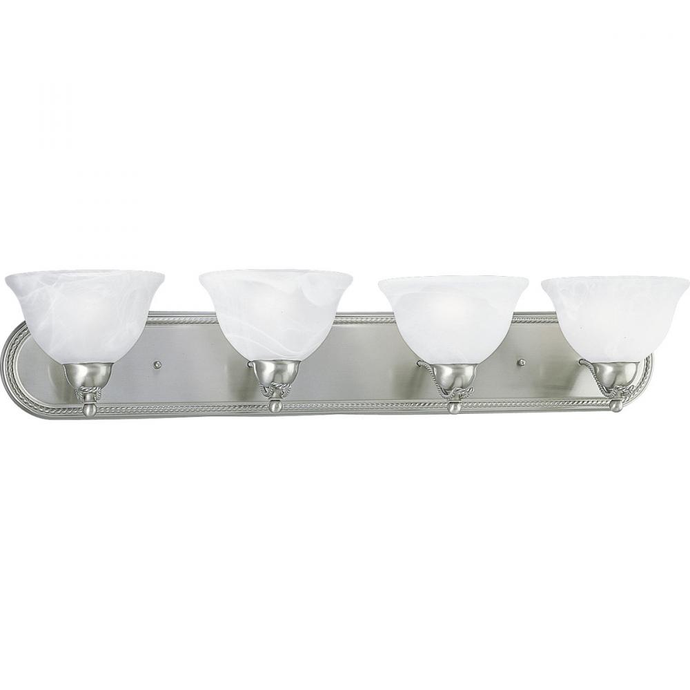 Avalon Collection Four-Light Brushed Nickel Alabaster Glass Traditional Bath Vanity Light