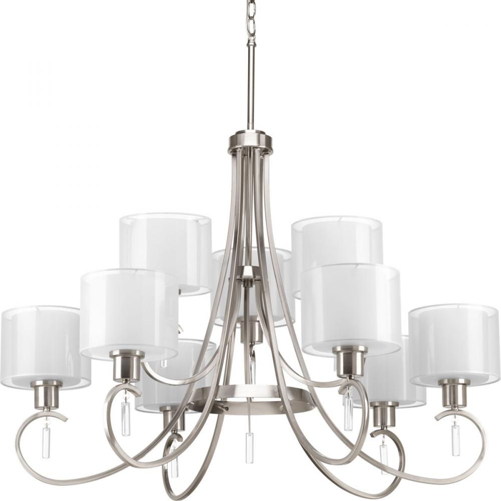 Invite Collection Nine-Light Brushed Nickel White  Silk Mylar Shade New Traditional Chandelier Light