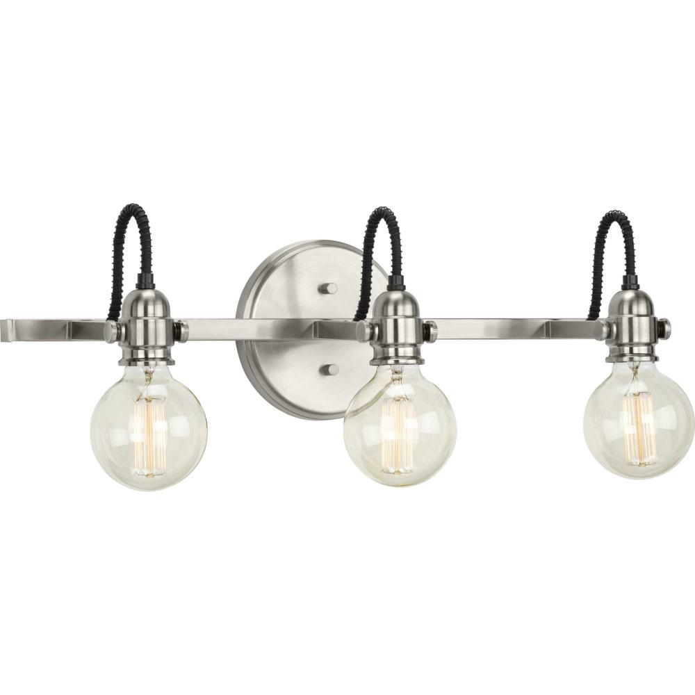 Axle Collection Three-Light Brushed Nickel Vintage Style Bath Vanity Wall Light