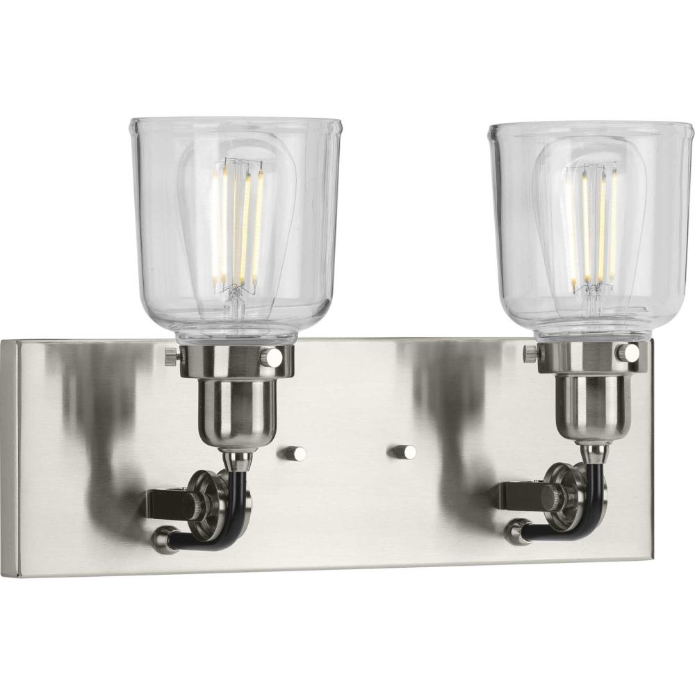 Rushton Collection Two-Light Brushed Nickel Clear Glass Farmhouse Bath Vanity Light