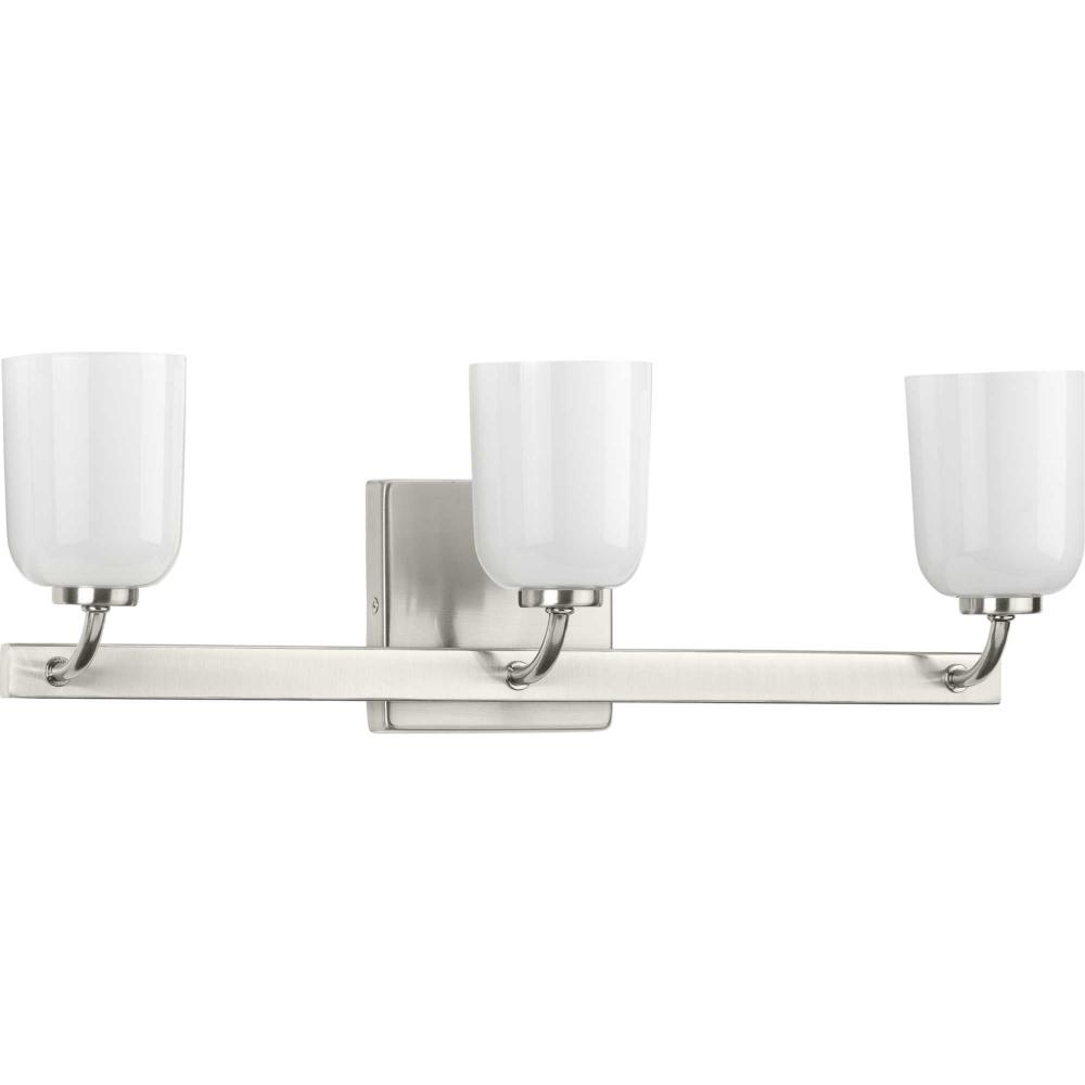 Moore Collection Three-Light Brushed Nickel White Opal Glass Luxe Bath Vanity Light