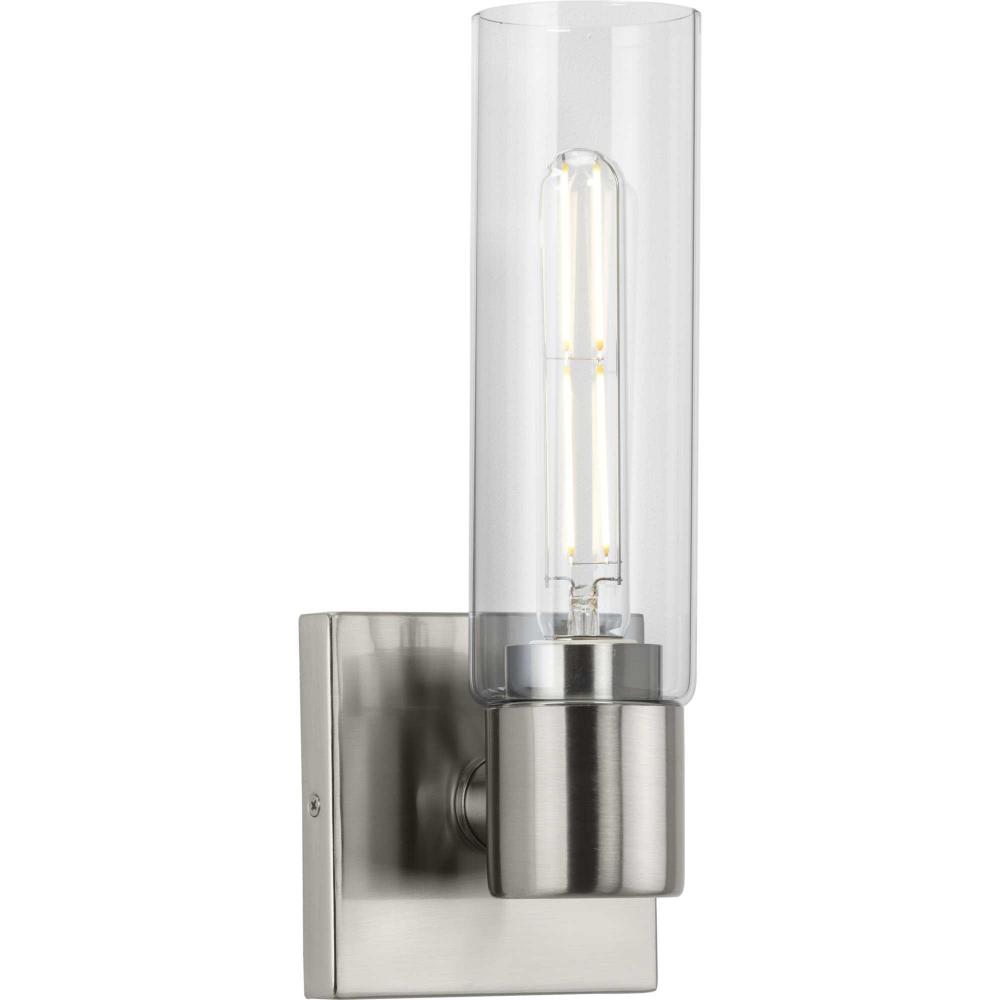 Clarion Collection One-Light Brushed Nickel and Clear Glass Modern Style Bath Vanity Wall Light