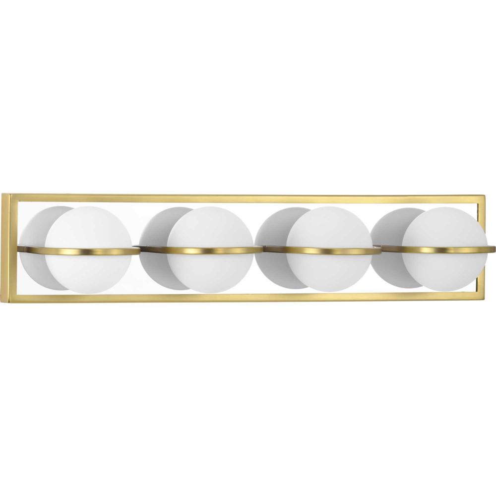 Pearl LED Collection Four-Light Satin Brass and Opal Glass Modern Style Bath Vanity Wall Light