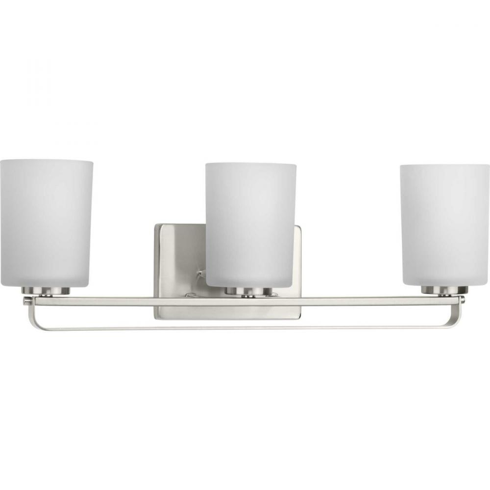 League Collection Three-Light Brushed Nickel and Etched Glass Modern Farmhouse Bath Vanity Light