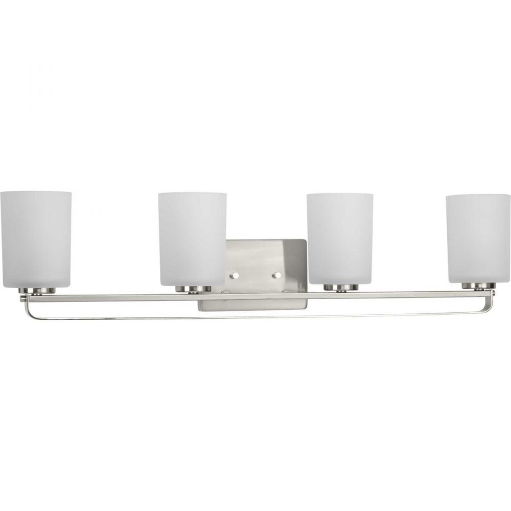 League Collection Four-Light Brushed Nickel and Etched Glass Modern Farmhouse Bath Vanity Light