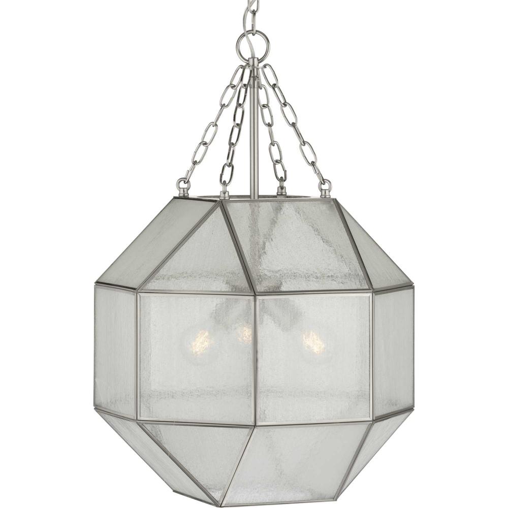 Mauldin Collection Three-Light Brushed Nickel Clear Seeded Glass Global Pendant Light