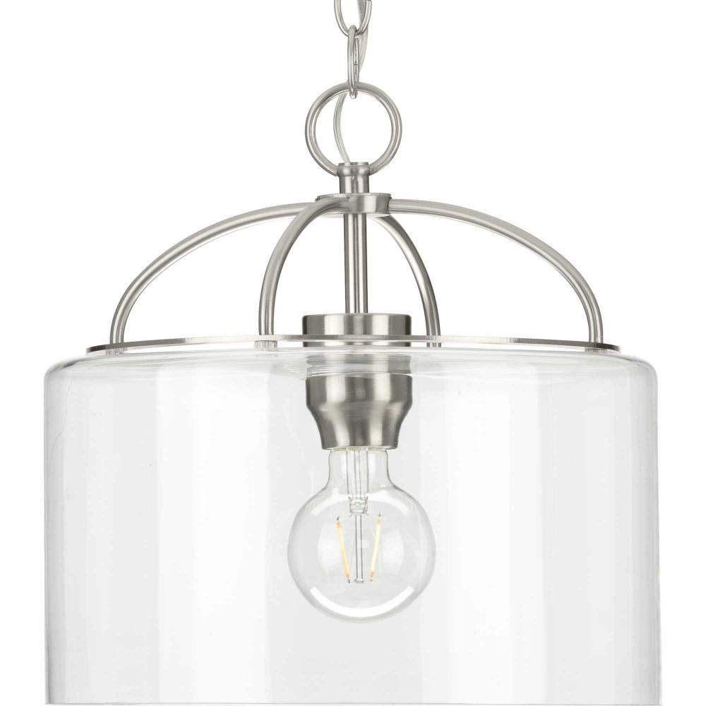 Leyden Collection One-Light Brushed Nickel and Clear Glass Farmhouse Style Hanging Pendant Light