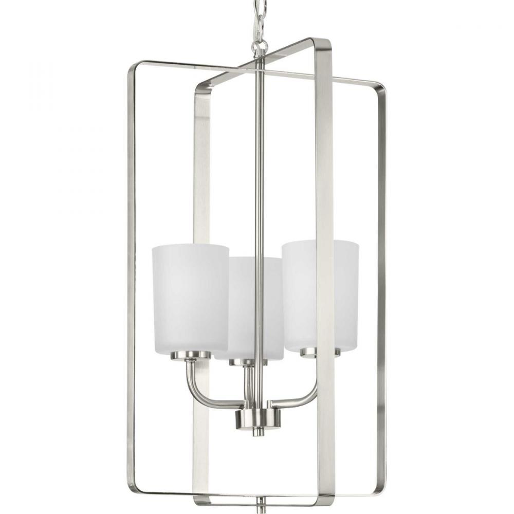 League Collection Three-Light Brushed Nickel and Etched Glass Modern Farmhouse Foyer Chandelier Ligh