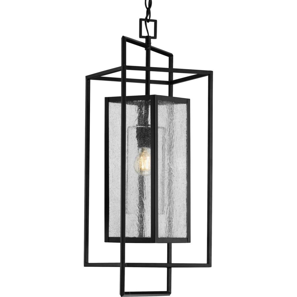 Navarre One-Light Matte Black and Seeded Glass Indoor/Outdoor Hanging Pendant Light
