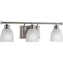 Progress P2117-09 - Lucky Collection Three-Light Brushed Nickel Frosted Prismatic Glass Coastal Bath Vanity Light