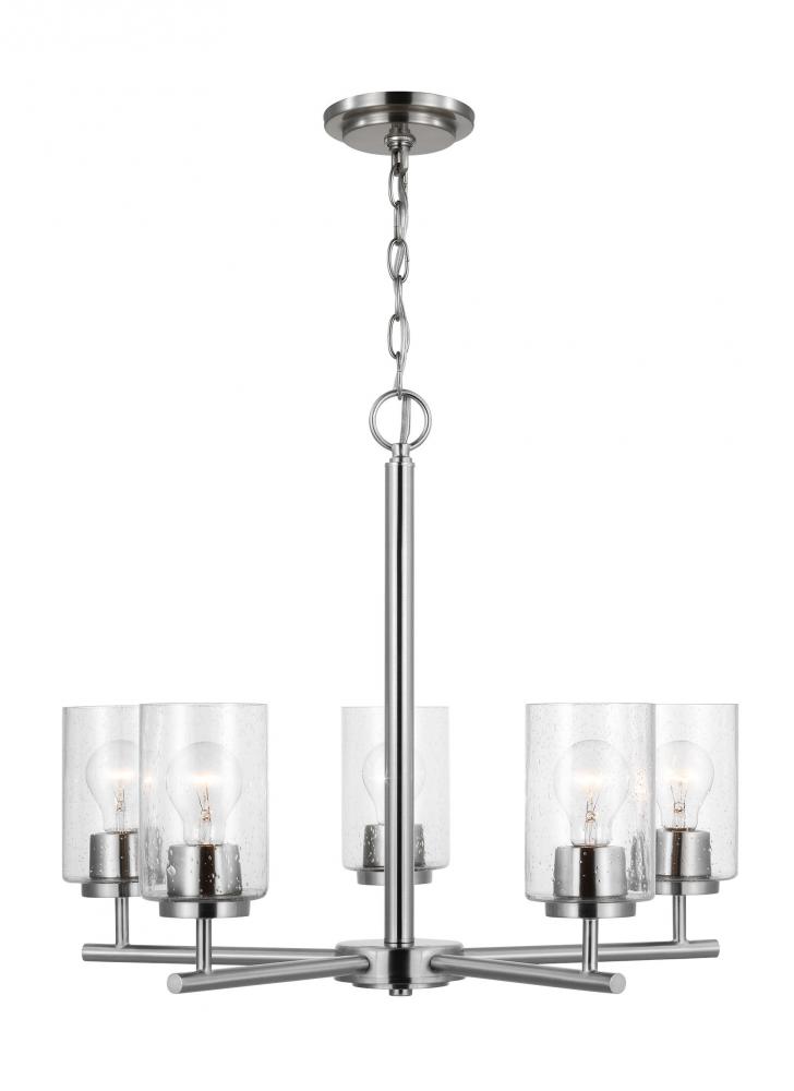 Oslo indoor dimmable 5-light chandelier in a brushed nickel finish with a clear seeded glass shade