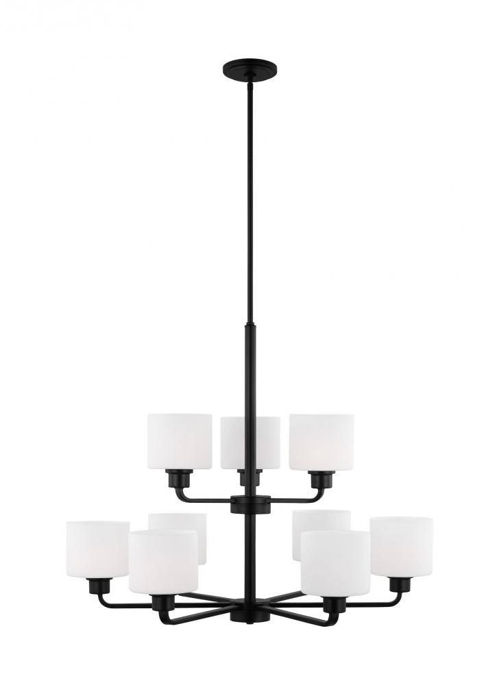 Canfield indoor dimmable 9-light chandelier in midnight black finish and etched white glass shade