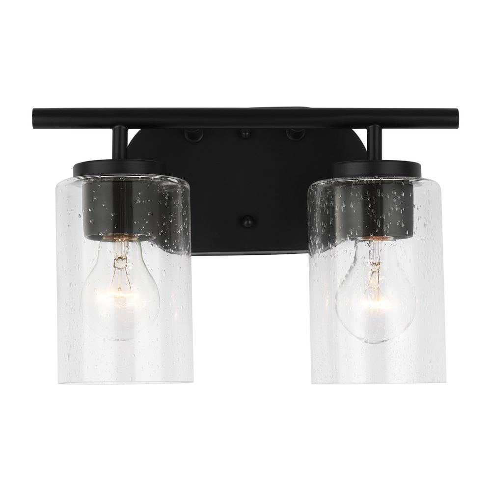 Oslo dimmable 2-light wall bath sconce in a midnight black finish with clear seeded glass shade