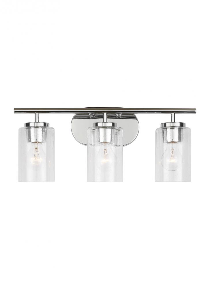 Oslo dimmable 3-light wall bath sconce in a chrome finish with clear seeded glass shade