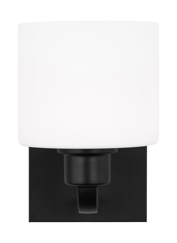 Canfield indoor dimmable 1-light wall bath sconce in a midnight black finish and etched white glass