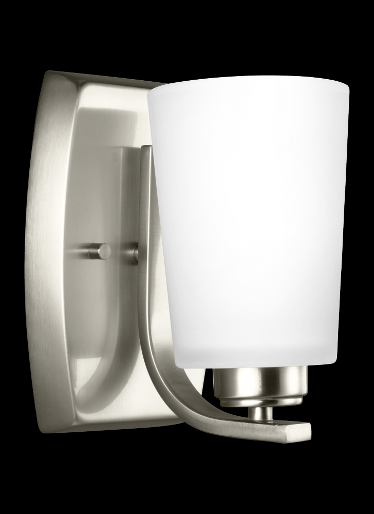 Franport transitional 1-light indoor dimmable bath vanity wall sconce in brushed nickel silver finis