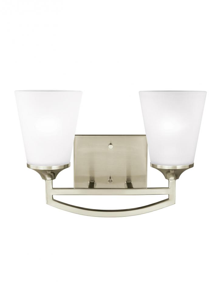 Hanford traditional 2-light LED indoor dimmable bath vanity wall sconce in brushed nickel silver fin