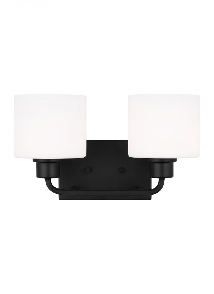 Canfield indoor dimmable 2-light wall bath sconce in a midnight black finish and etched white glass