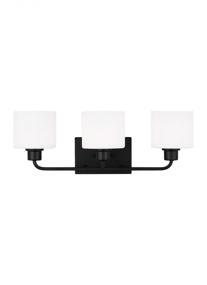 Canfield indoor dimmable 3-light wall bath sconce in a midnight black finish and etched white glass