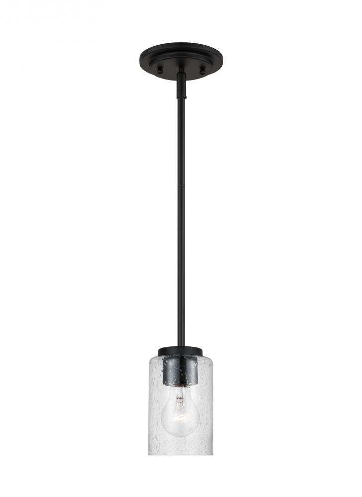 Oslo indoor dimmable 1-light mini pendant in a midnight black finish with a clear seeded glass shade