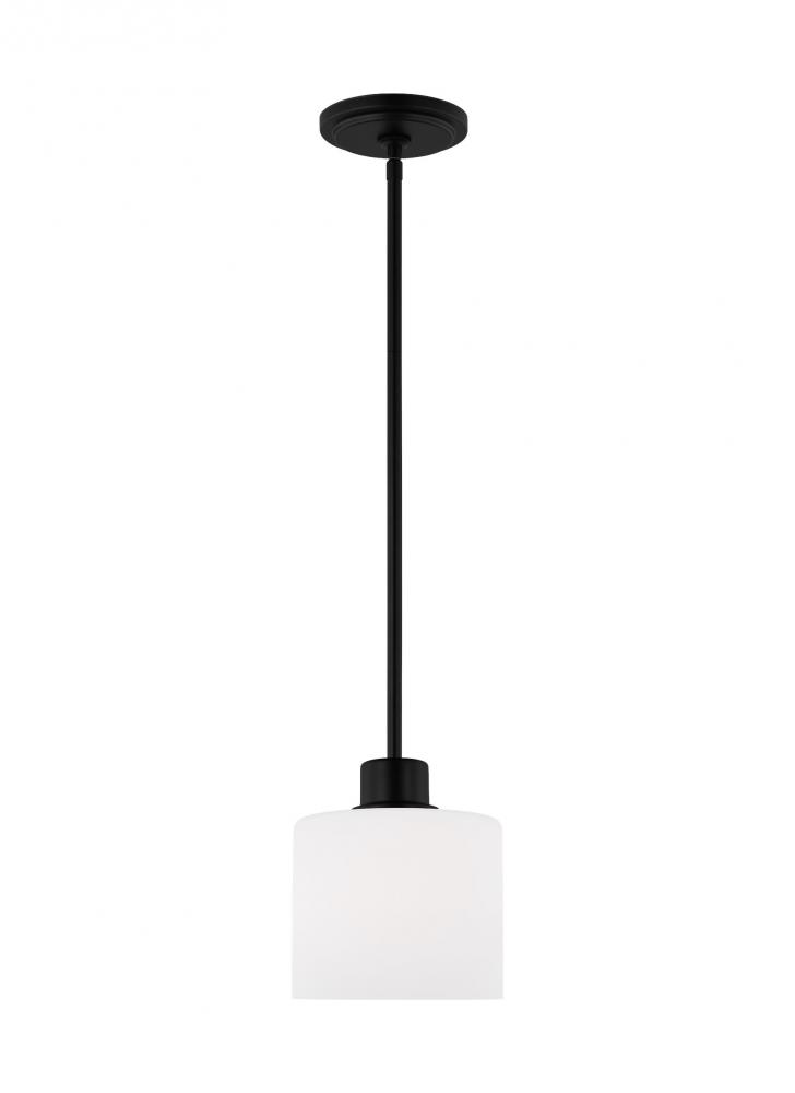 Canfield indoor dimmable 1-light mini pendant in a midnight black finish with white etched glass dif