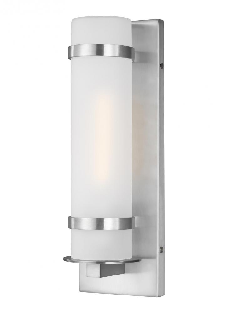Alban modern 1-light outdoor exterior small round wall lantern in satin aluminum silver with etched