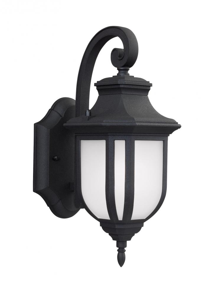 Childress traditional 1-light outdoor exterior small wall lantern sconce in black finish with satin