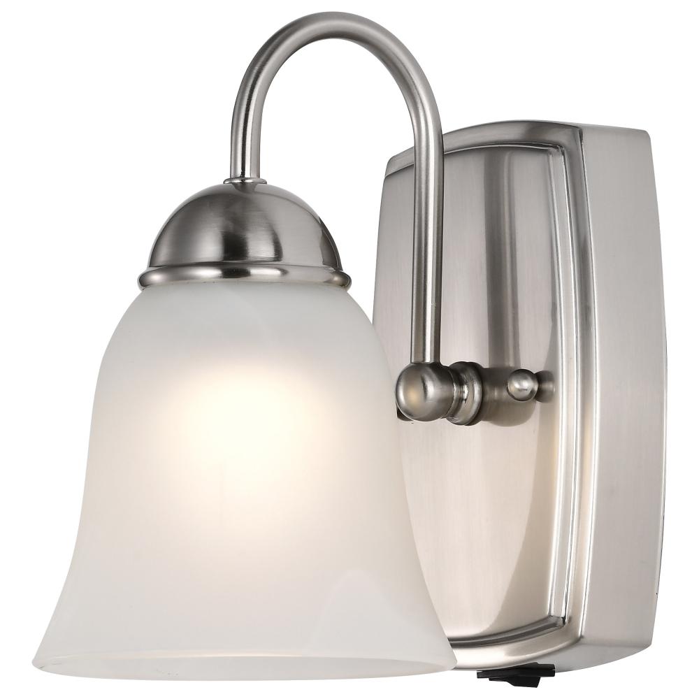 8 Watt; LED 1 Light Vanity Fixture; 3000K; Brushed Nickel with Alabaster Glass; With Switch