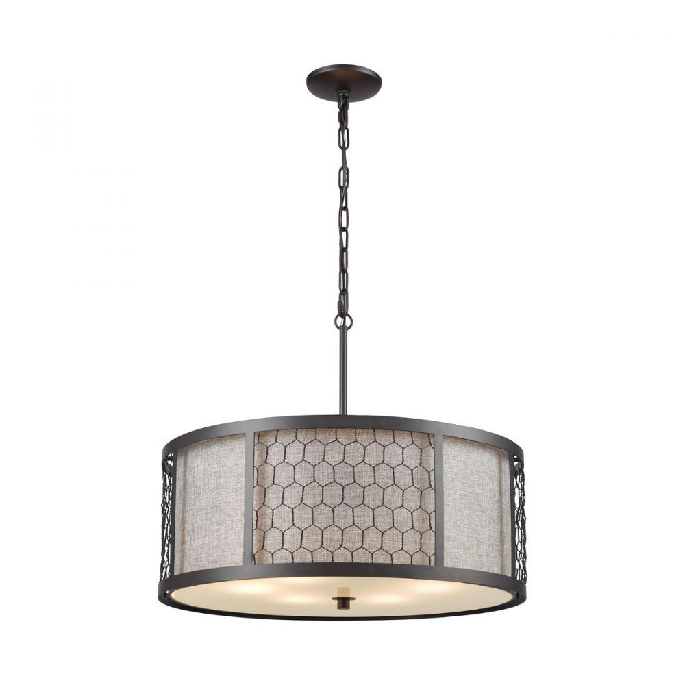Filmore 6-Light Chandelier in Oiled Bronze with Wire Mesh and Gray Linen Fabric Shade